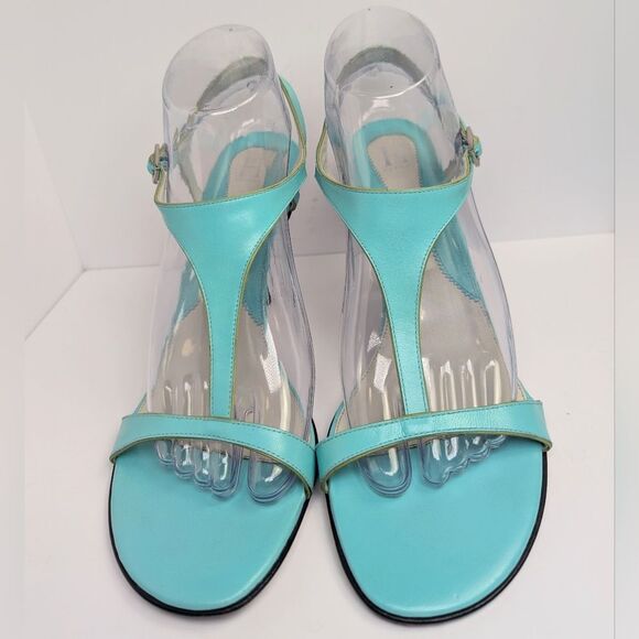 Vintage Tommy Hilfiger Aqua Blue & Green Leather T-strap Slingback Heels 9 - Picture 4 of 8
